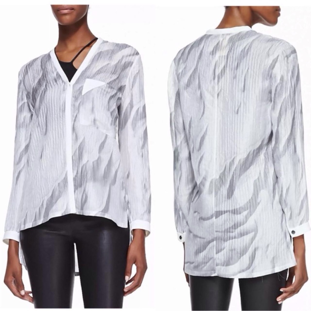 Helmut Lang Mars Print White Gray Marble Pocket Silk Button Down Blouse Top P Xs